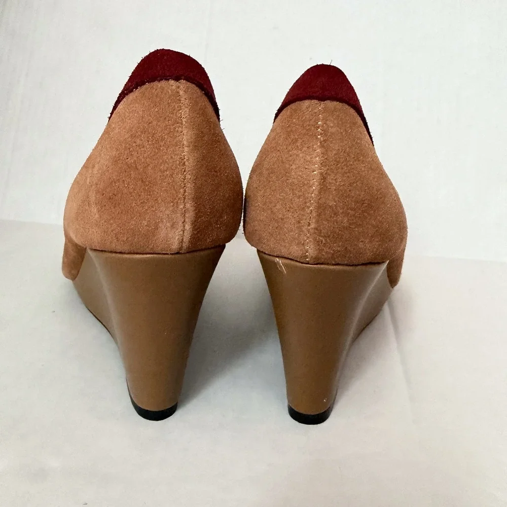 Y2K Women Tan Burgundy Suede‎ Tassel Wedge Loafer Shoes Size 8 M